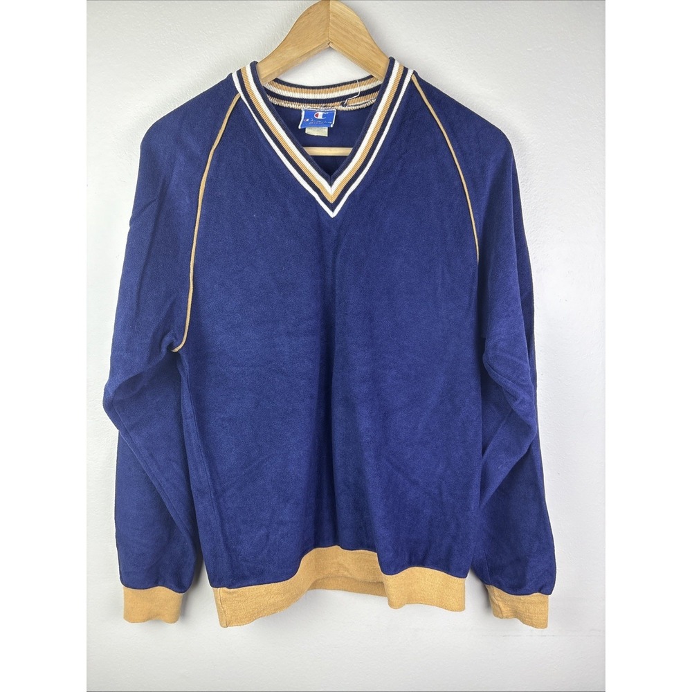 Vintage 70s Champion Long Sleeve V Neck SweatShirt Blue Size Medium Made In USA